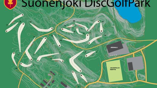 Karttapiirros Frisbeegolfradasta.