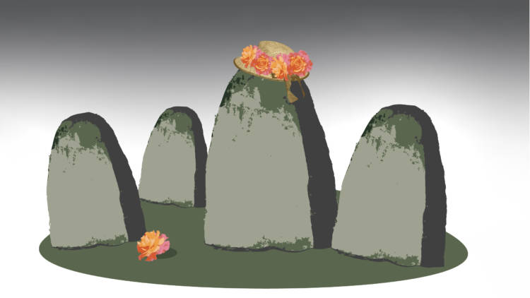 Neljä hautakiveä, joista yhden päällä olkihattu. Hatussa on ruusuja ja yksi ruusu on myös hautakiven juurella.
