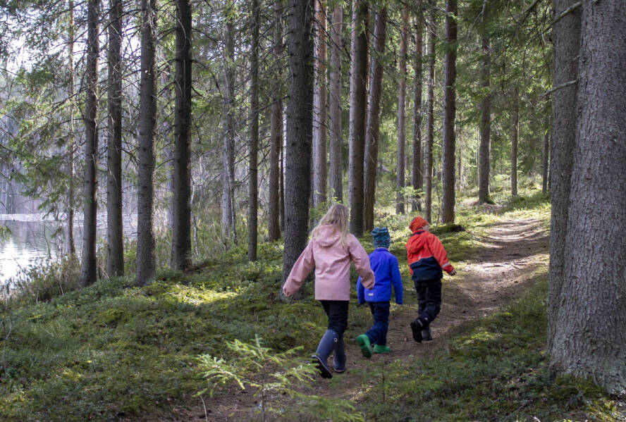 Kolme lasta kulkee jokipolulla.