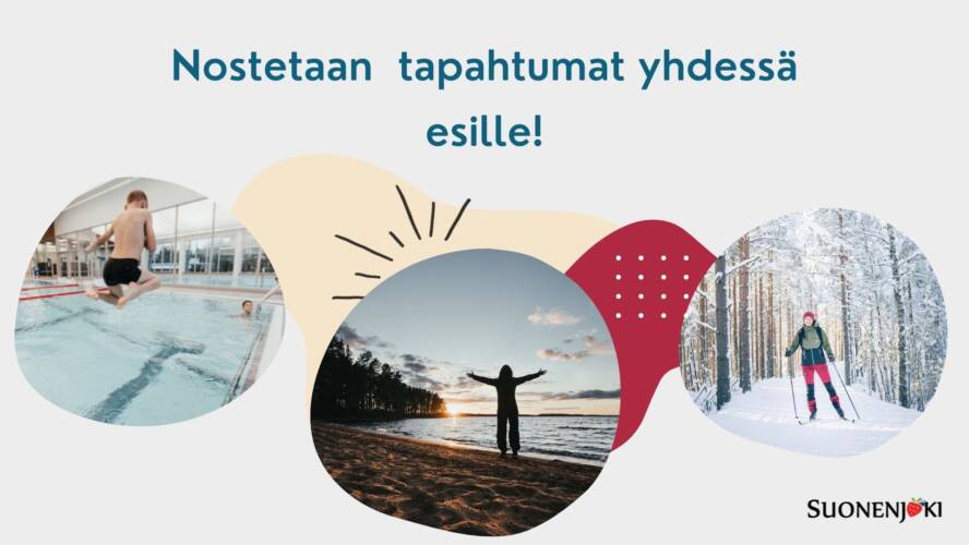 Kuvakokoelma kolmesta kuvasta, joissa lapsi hyppää altaaseen, henkilö seisoo rannalla auringon laskussa ja henkilö hiihtää ladulla. Kuvan päällä teksti nostetaan tapahtumat yhdessä esille!