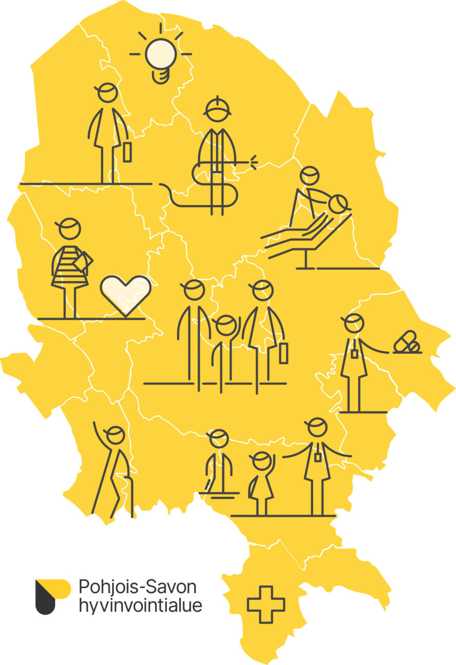 Grafiikka Pohjois-Savon hyvinvointialueesta. Kartta, jonka päällä pelkistettyjä hahmoja eri terveydenhuollon osaajista.