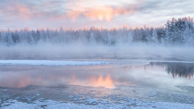 Talvinen jokimaisema. Taustalla havumetsää. Joki on osittain sulanut ja joen päällä sumua.