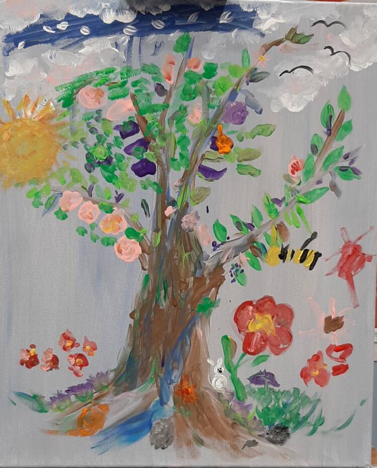 maalaus jossa puu, kukkia ja eläimiä