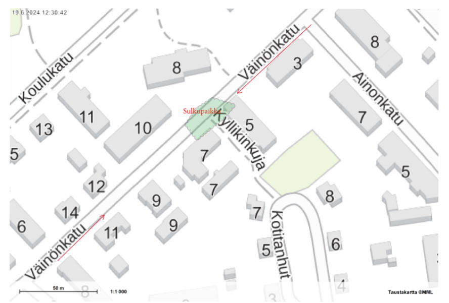 Väinölän kadun sulku kartalla