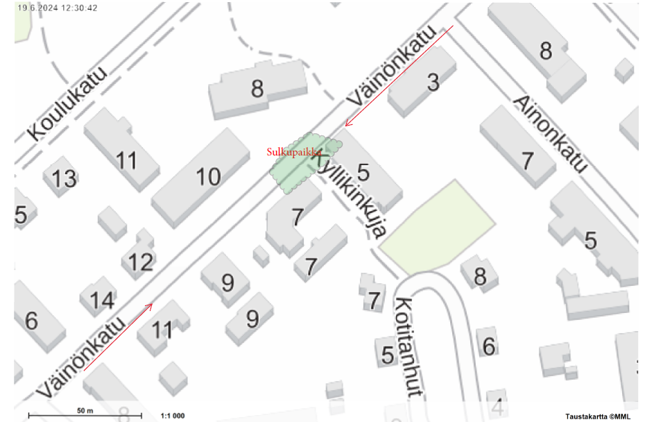 Väinölän kadun sulku kartalla
