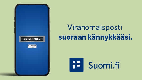 Kuvituskuva. Älypuhelin. Teksti: Viranomaisposti suoraan kännykkään
