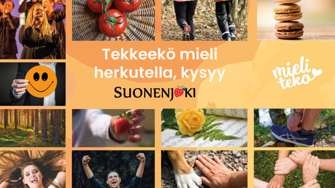 Mieliteko-hankkeen Tekkeekö mieli -somevideokampanjan mainoskuva Suonenjokilogolla ja ruokakuvilla