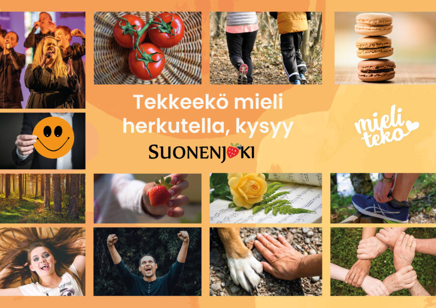 Mieliteko-hankkeen Tekkeekö mieli -somevideokampanjan mainoskuva Suonenjokilogolla ja ruokakuvilla