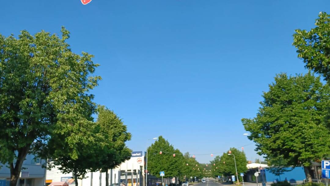 Rautalammintie kesällä. Tien yllä mansikkaviirit. Somekoon kuva.