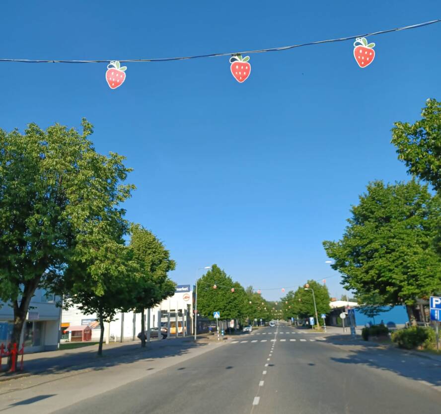 Rautalammintie kesällä. Tien yllä mansikkaviirit. Somekoon kuva.