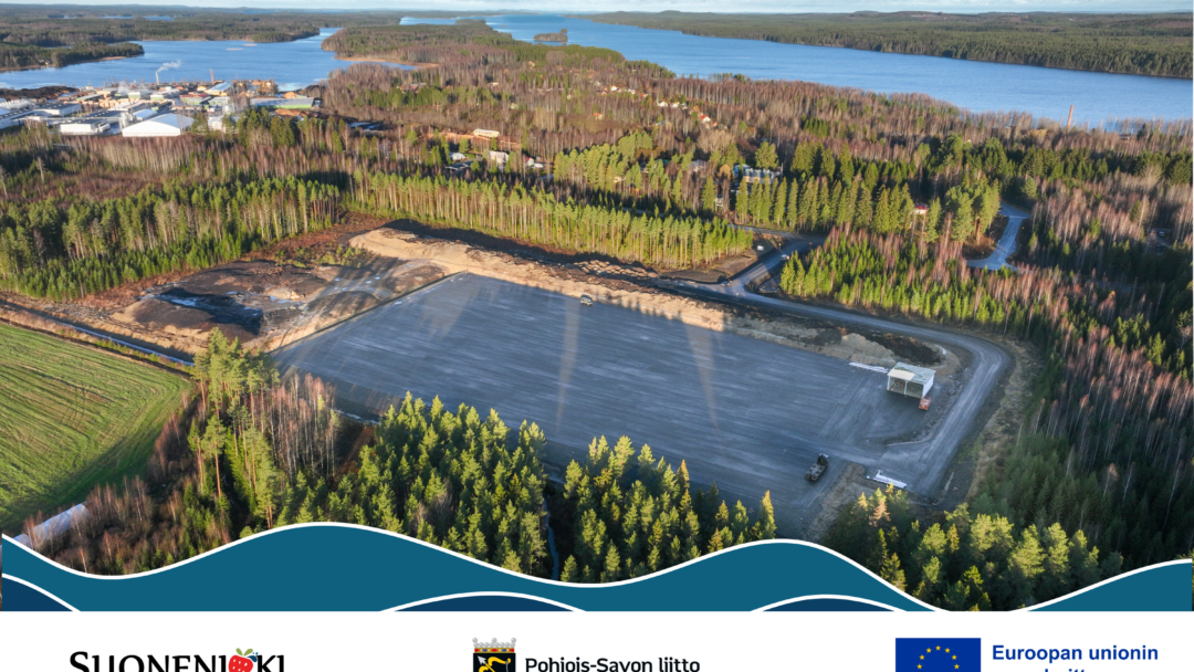 karhukiven bioterminaali kuvattuna dronella. kuvan alakulmassa rahoittajien logot
