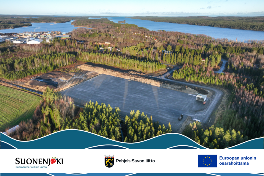 karhukiven bioterminaali kuvattuna dronella. kuvan alakulmassa rahoittajien logot
