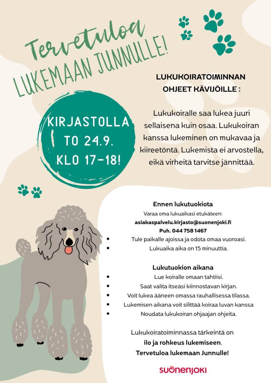 Lukukoira Junnu tavattavissa Suonenjoen kirjastolla.